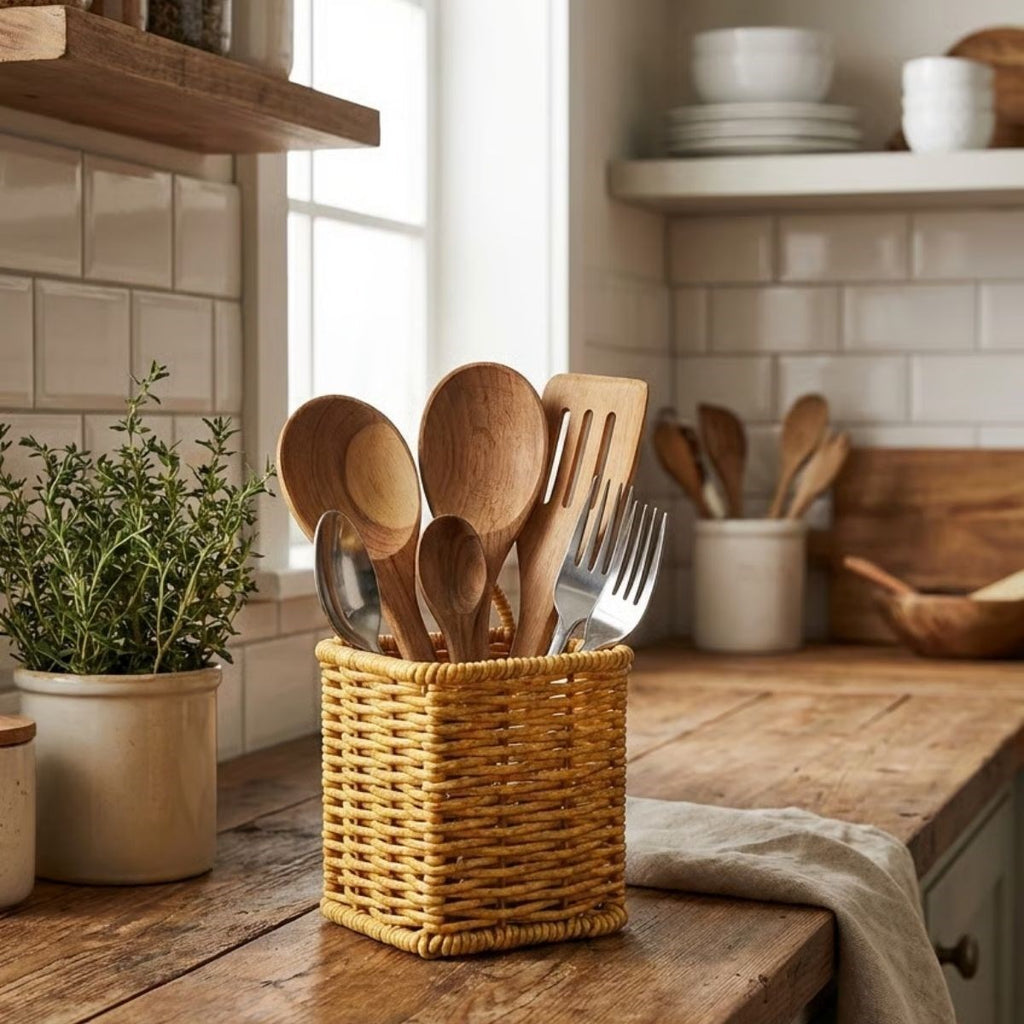 miorashop® Kare Hasır Dokulu Plastik Rattan Kaşıklık & Çatallık – Askılı Kendiliğinden Tutmalı Çok Amaçlı Mutfak Organizeri
