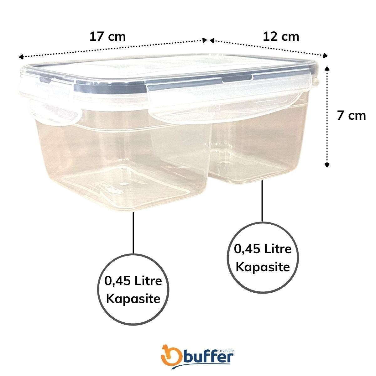 miorashop® 2 Bölmeli 0,45+0,45 Litre Kilitli Kapaklı Erzak Saklama Kabı LC-524