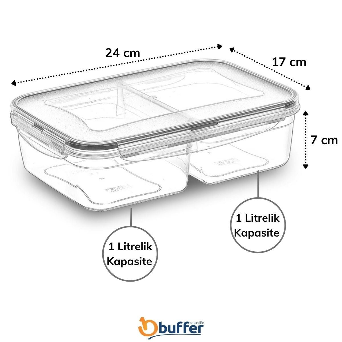 miorashop® 2 Bölmeli 1+1 Litre Kilitli Kapaklı Erzak Saklama Kabı LC-525