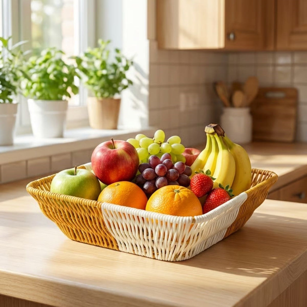 miorashop® Kare Çift Renkli Plastik Rattan Ekmek ve Meyve Sepeti - Çok Amaçlı Banyo ve Mutfak Düzenleyici - Yıkanabilir Tezgâh Üstü Organizer