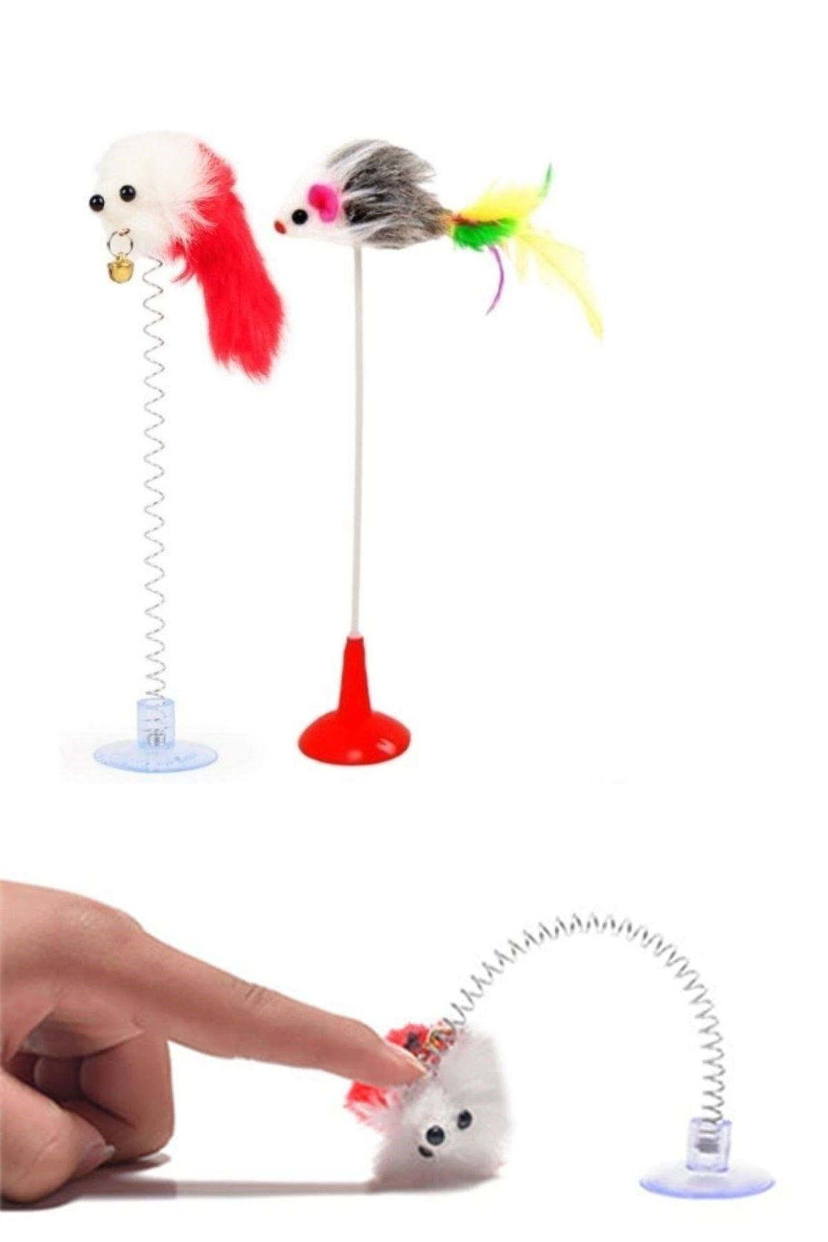 miorashop® 2li Vantuzlu Fareli Tüylü Hareketli Çanlı ve Esneyen Eğlenceli Peluş Kedi Oyuncağı