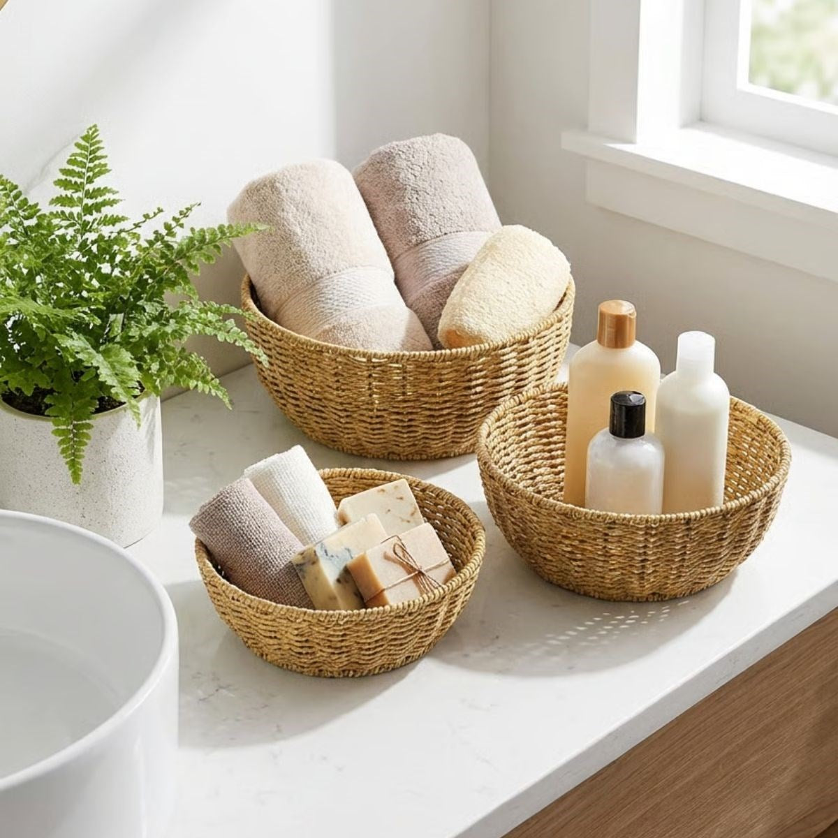 miorashop® 3’lü Plastik Rattan Çanak Seti – Hasır Görünümlü İç İçe Geçebilen Sunum ve Düzenleme Kaseleri, Mutfak & Masaüstü Çok Amaçlı Organizer