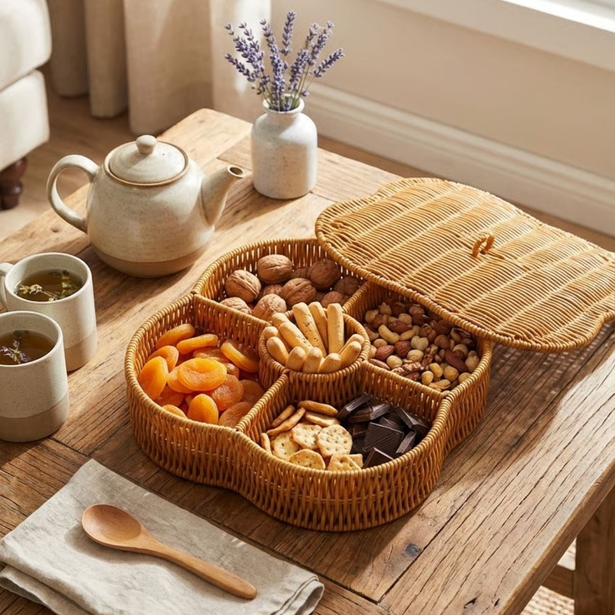miorashop® Kapaklı 5 Bölmeli Plastik Rattan Organizer Kutu – Hasır Desenli Çok Amaçlı Saklama ve Sunum Sepeti Çerezlik