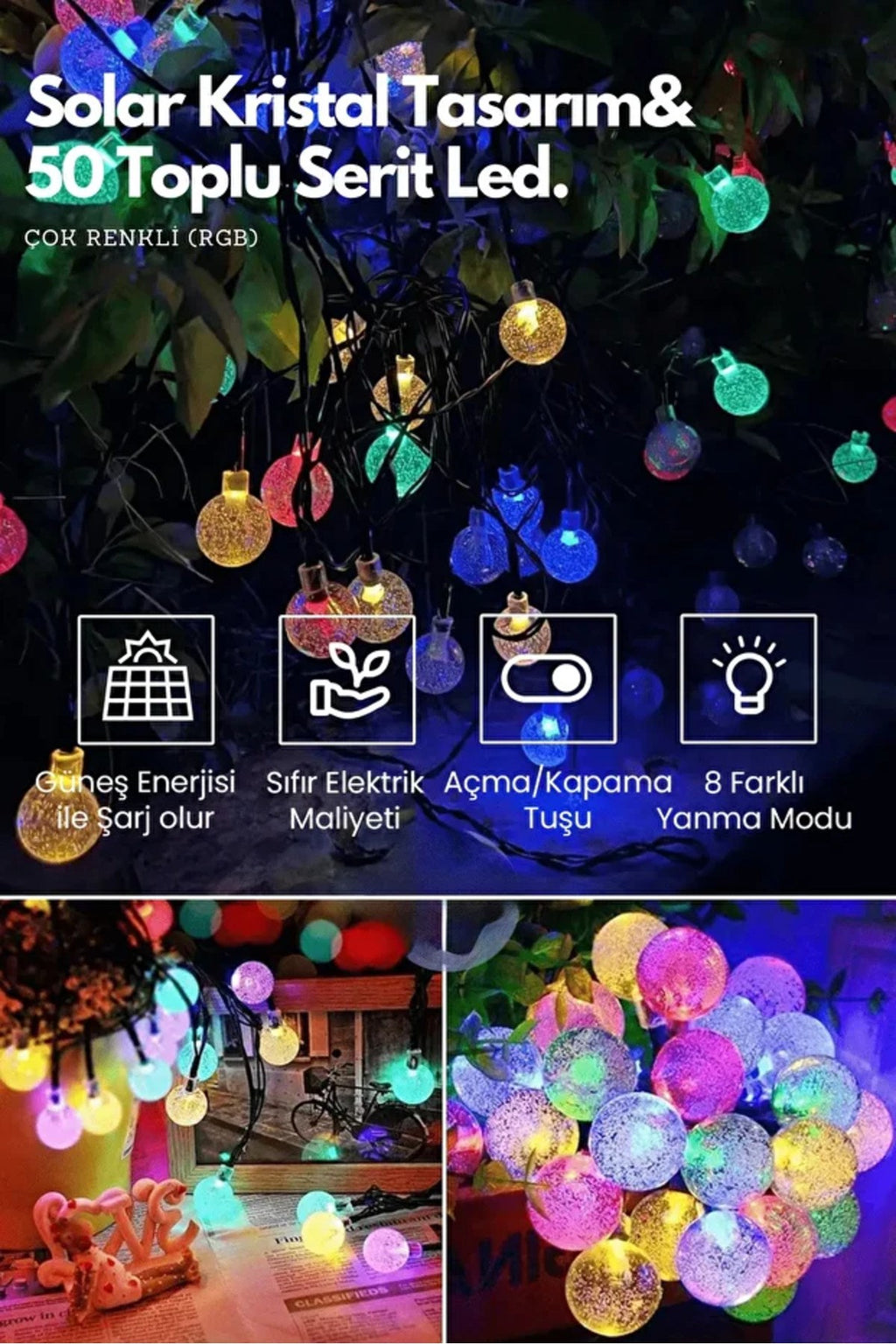 sonx 10 Metre 50 Top Güneş Enerjili Solar Led Işık Dekoratif Rgb
