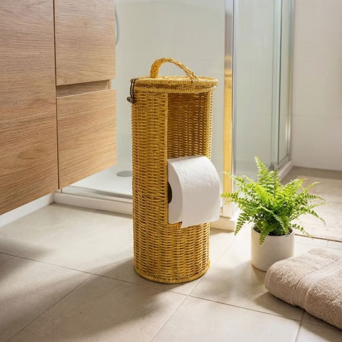 miorashop® Askılı Plastik Rattan Tuvalet Kâğıdı Standı – Hasır Görünümlü, Kapaklı, Yedekli WC Kâğıtlık, Banyo ve Tuvalet İçin Dekoratif Organizer