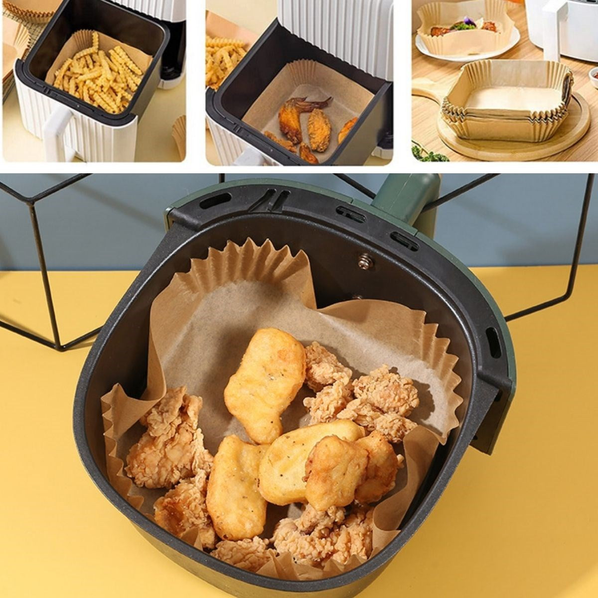miorashop® 50 Adet Air Fryer Pişirme Kağıdı Tek Kullanımlık Yağ Geçirmez Yapışmaz Kare Tabak Model PVC