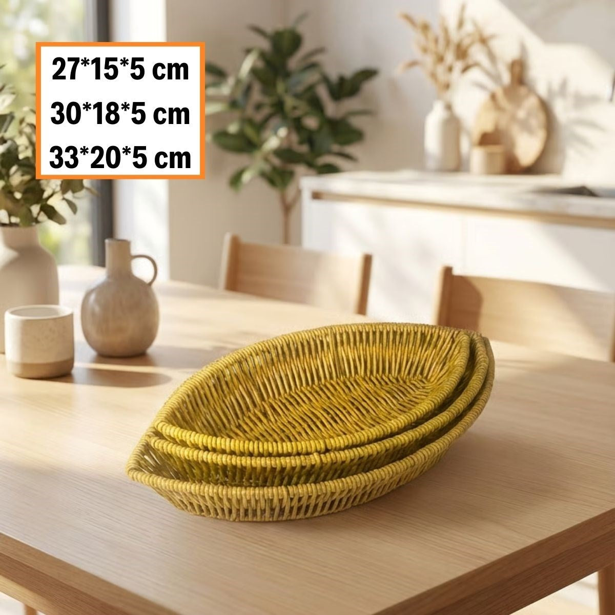 miorashop® 3’lü Kayık Formlu Plastik Rattan Sepet Seti–Hasır Görünümlü Ekmek, Meyve ve Sunum Sepetleri, Çok Amaçlı Masaüstü Organizer