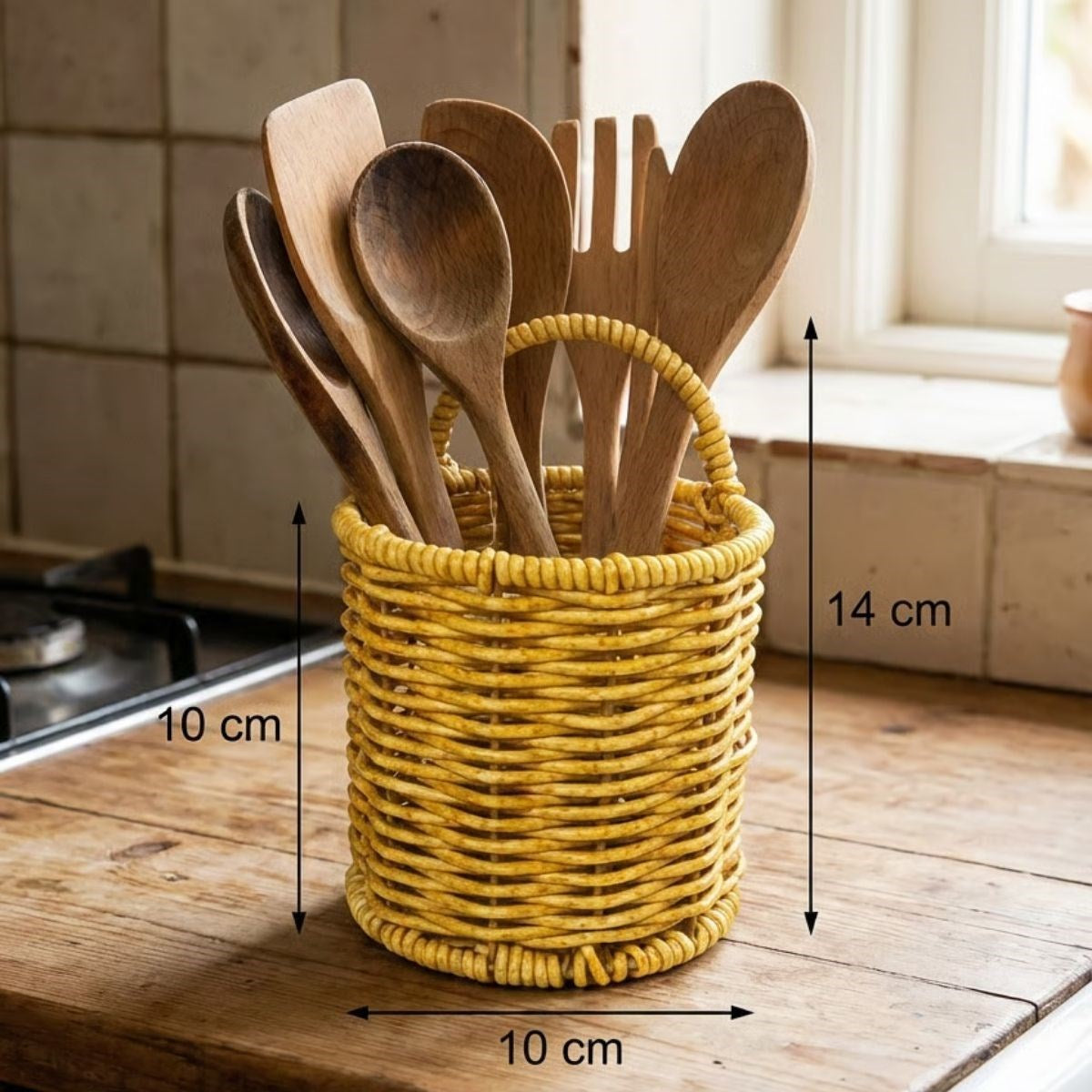 miorashop® Yuvarlak Hasır Dokulu Plastik Rattan Kaşıklık & Çatallık – Askılı Kendiliğinden Tutmalı Çok Amaçlı Mutfak Organizeri