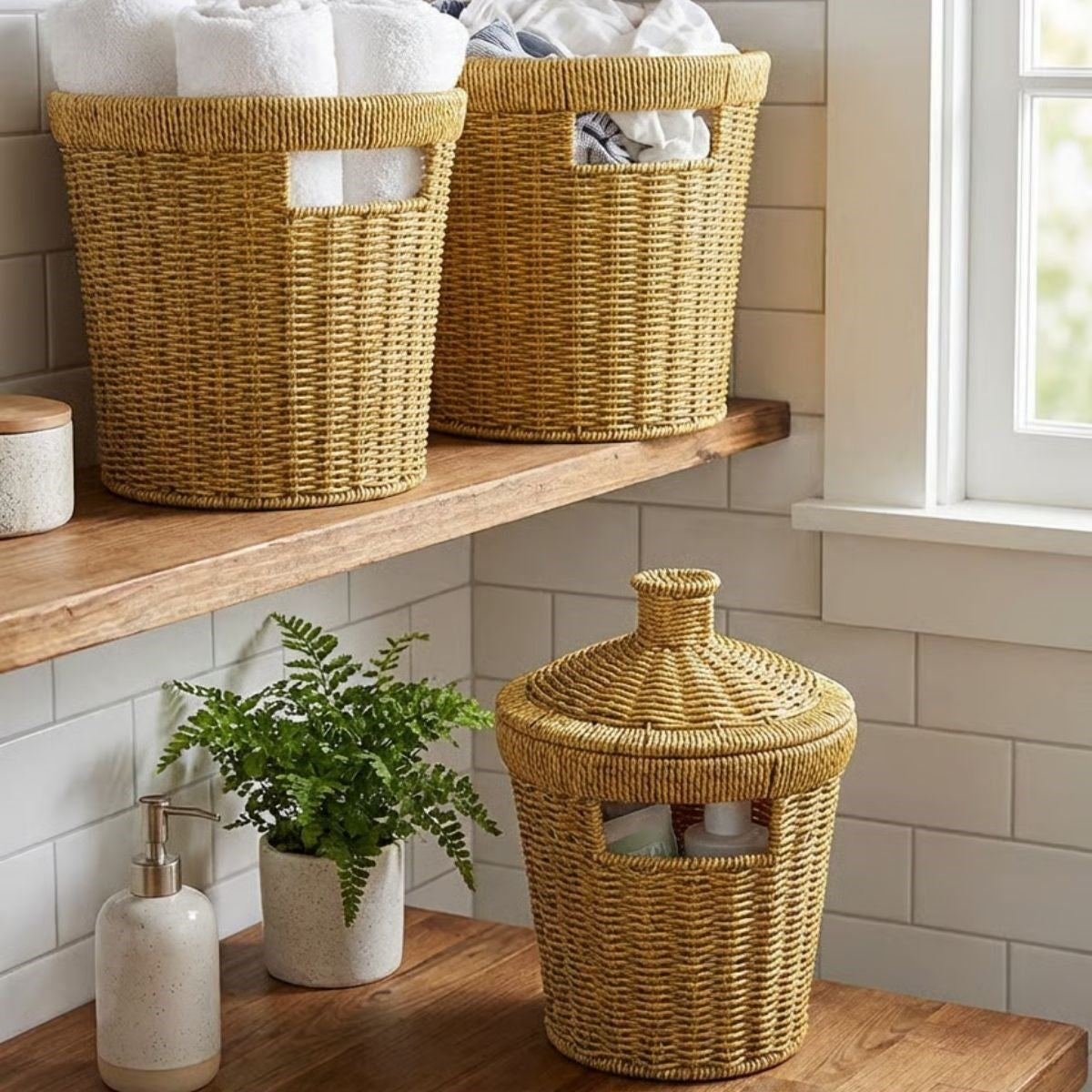 miorashop® 3’lü İç İçe Geçebilen Büyük Plastik Rattan Hasır Sepet Seti-Dayanıklı Çok Amaçlı Ev,Banyo ve Mutfak Düzenleyici
