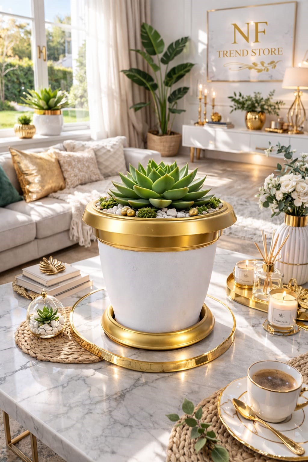 NF Gold Bilezikli 1.7 Litre Dekoratif Plastik Saksı Beyaz