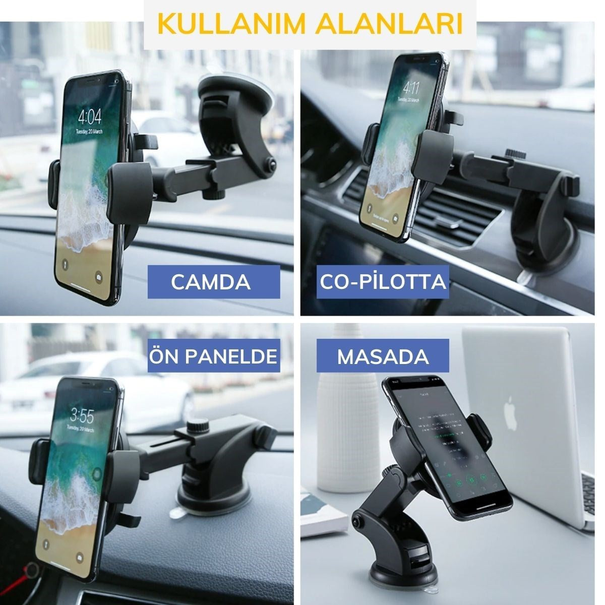 miorashop® 360 Derece Dönen Torpido Üstü Uzunluk Ayarlamalı Vantuzlu Teleskopik Araç Telefon Tutucu