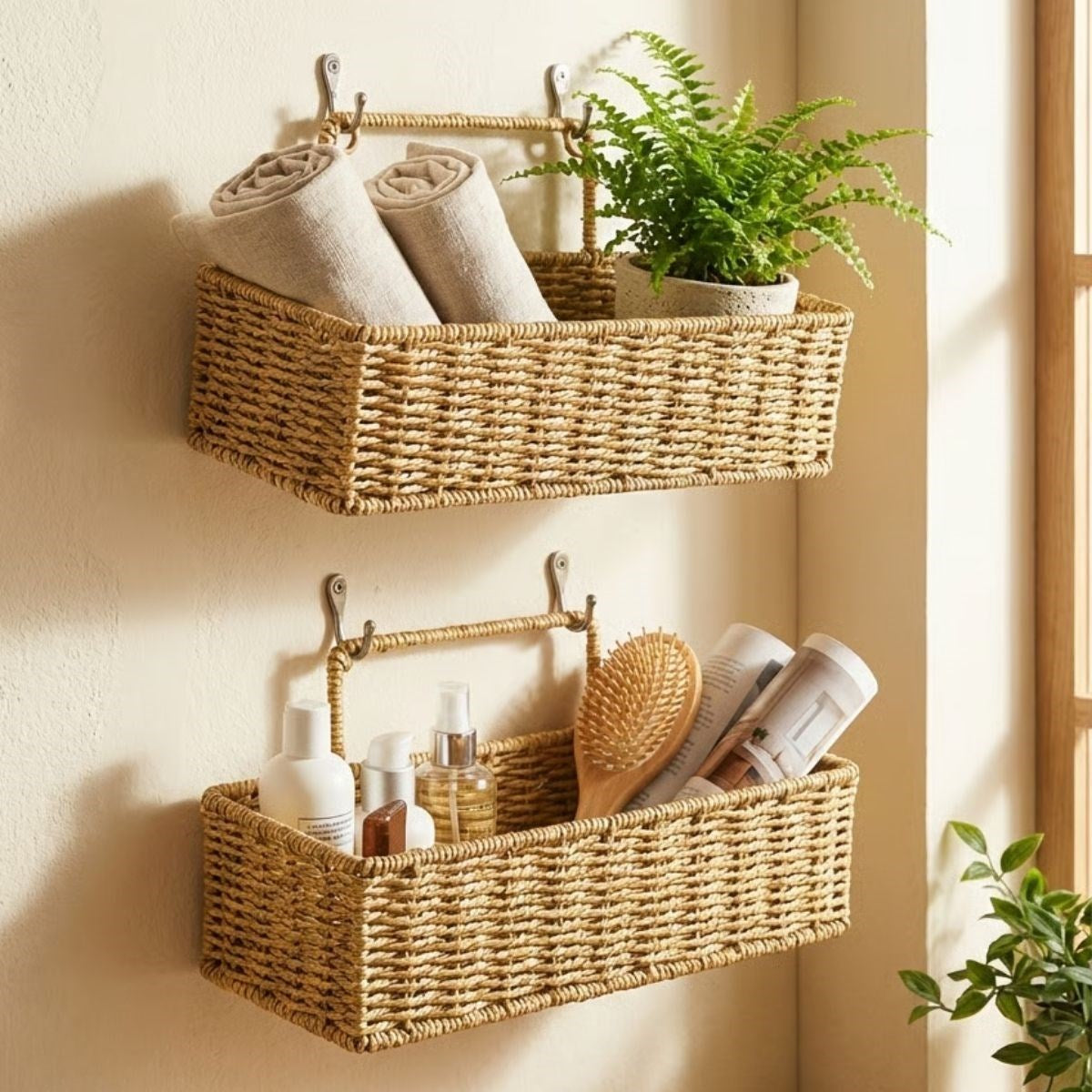 miorashop® 2’li Duvar Askılı Plastik Rattan Organizer – Dikdörtgen Hasır Görünümlü Mutfak Raf Sepeti, Banyo ve Ev İçi Düzenleme Ünitesi