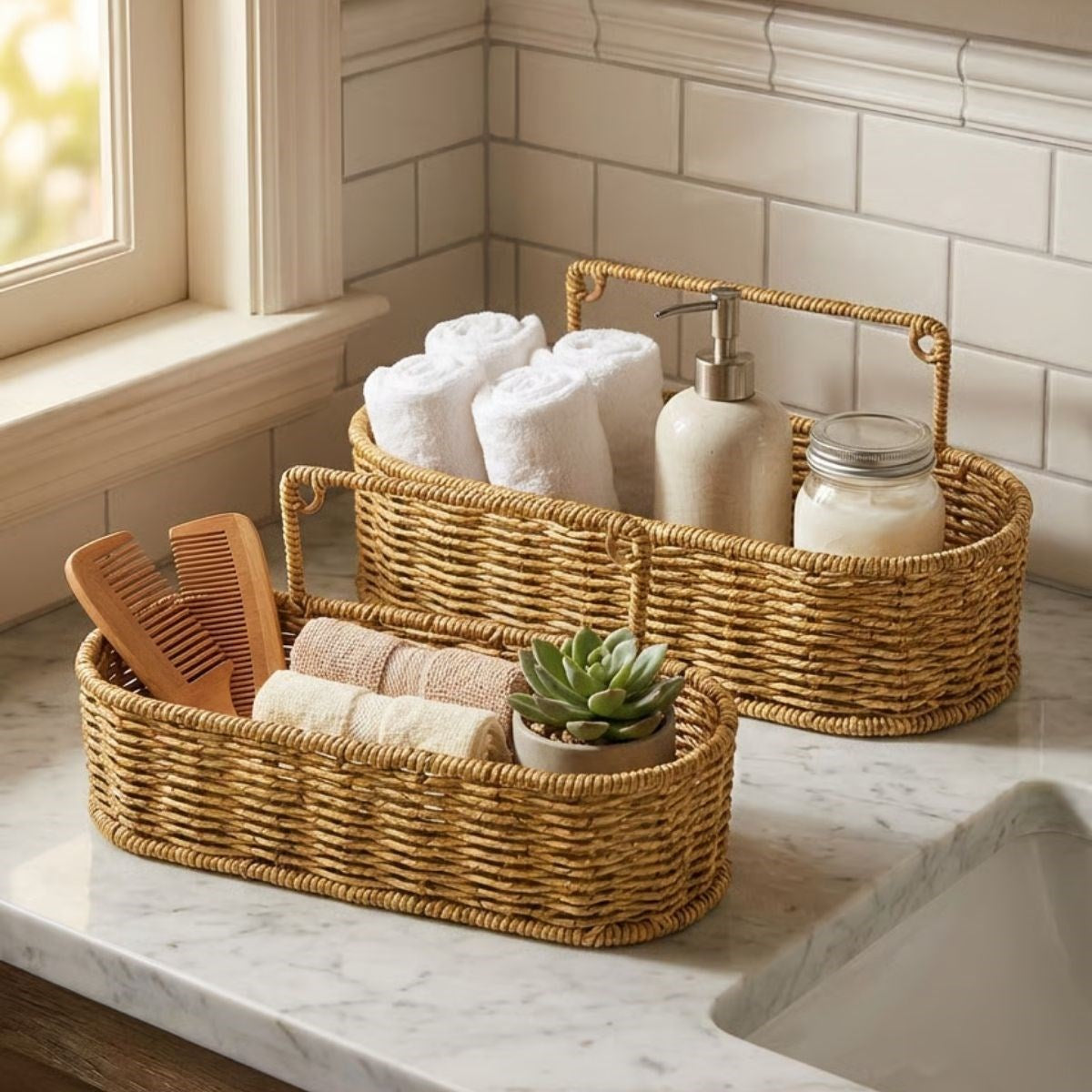 miorashop® 2’li Duvar Askılı Plastik Rattan Organizer – Oval Hasır Görünümlü Mutfak Raf Sepeti, Banyo ve Ev İçi Düzenleme Ünitesi