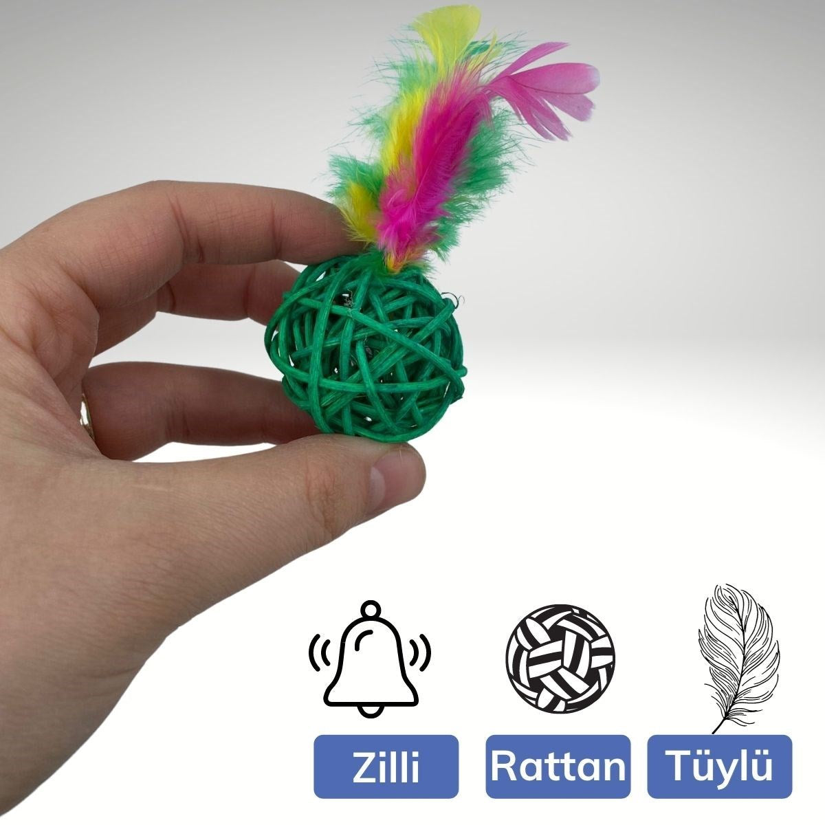 miorashop® 2li Rattan Renkli Peluş Tüy Kedi Köpek Oyuncak Yakalama Çiğneme Çıngıraklı Top Oyuncağı