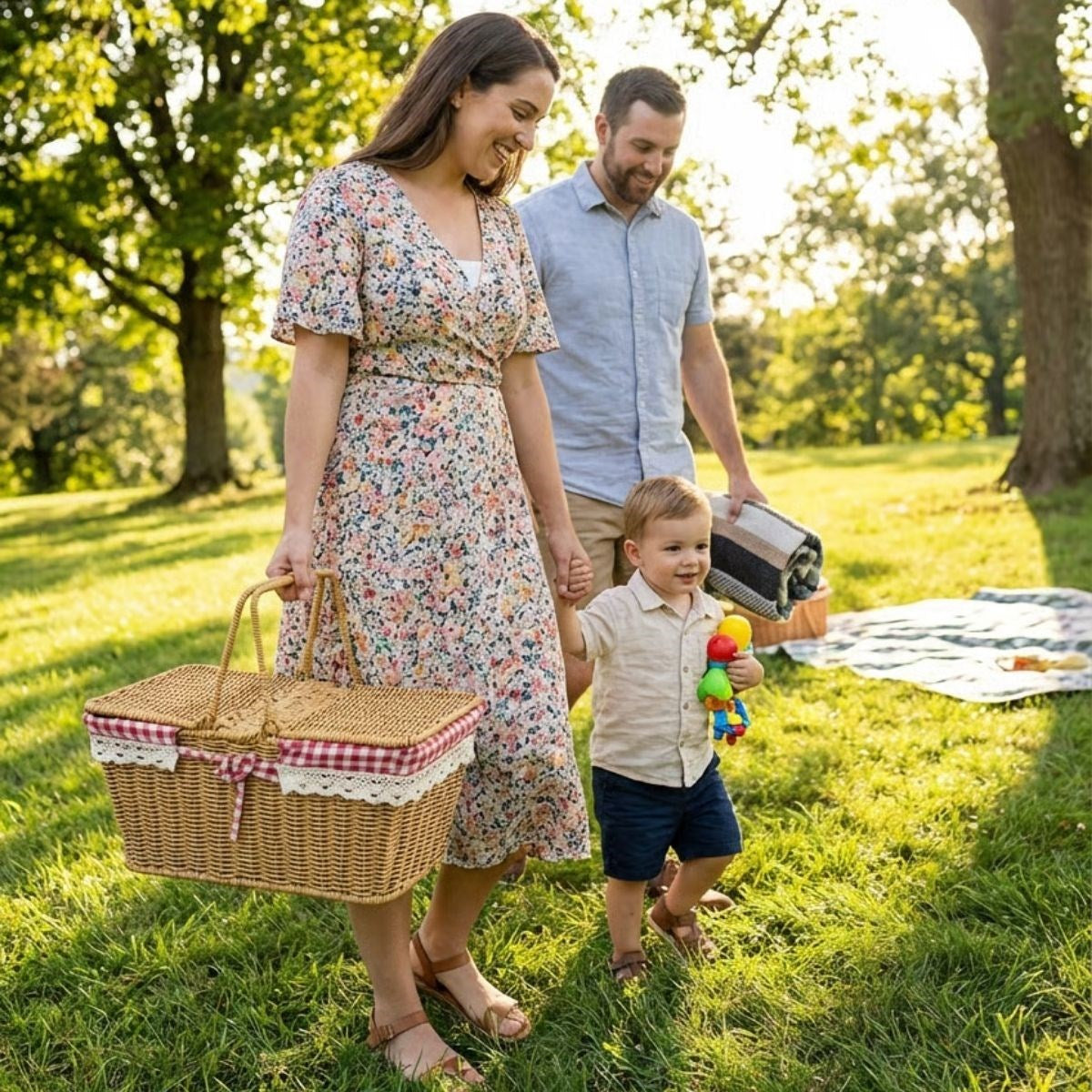 miorashop® 2 Kapaklı Dikdörtgen Plastik Rattan Piknik Sepeti – Doğal Hasır Görünümlü Çok Amaçlı Piknik, Plaj ve Bahçe Sepeti