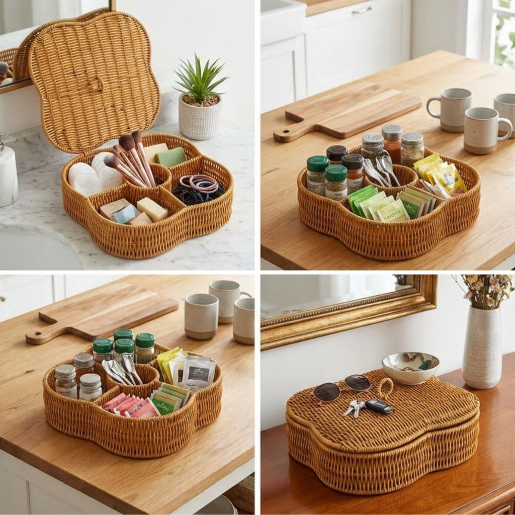 miorashop® Kapaklı 5 Bölmeli Plastik Rattan Organizer Kutu – Hasır Desenli Çok Amaçlı Saklama ve Sunum Sepeti Çerezlik