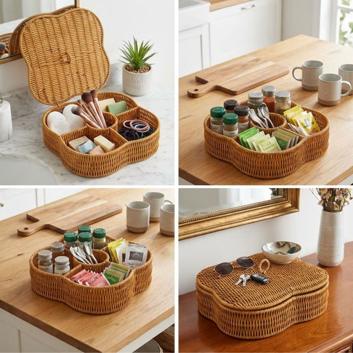 miorashop® Kapaklı 5 Bölmeli Plastik Rattan Organizer Kutu – Hasır Desenli Çok Amaçlı Saklama ve Sunum Sepeti Çerezlik