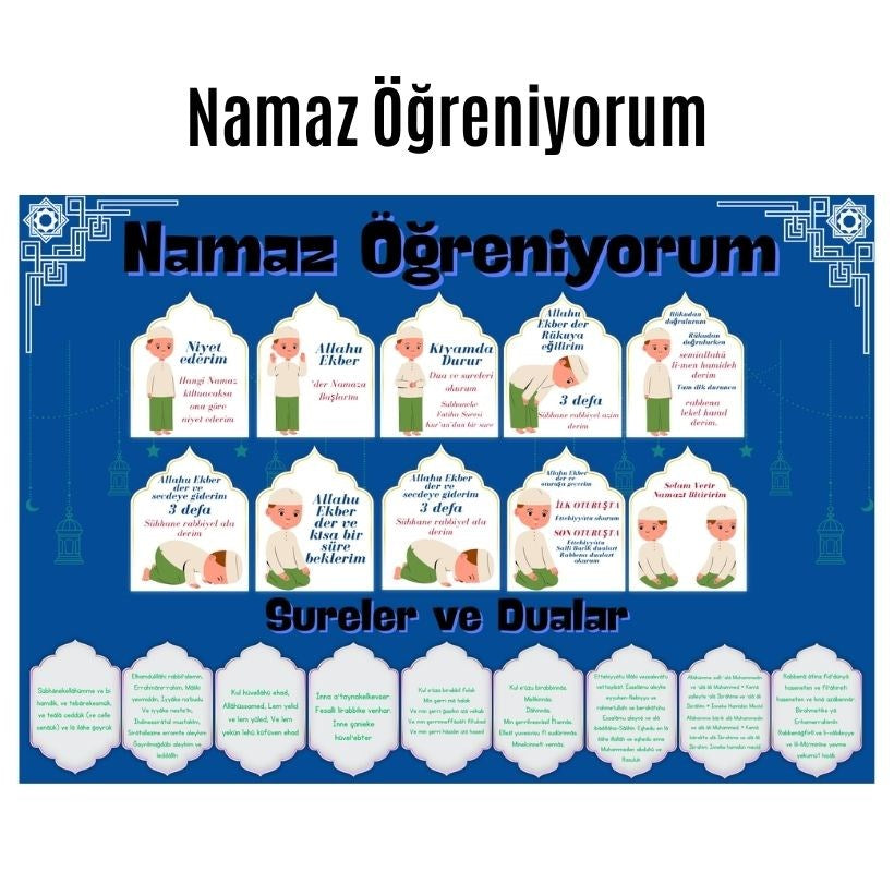 Çocuklar İçin Renkli  "namaz Öğreniyorum" Afişi - 33x48 Cm Figürlü Eğitim Materyali Erkek