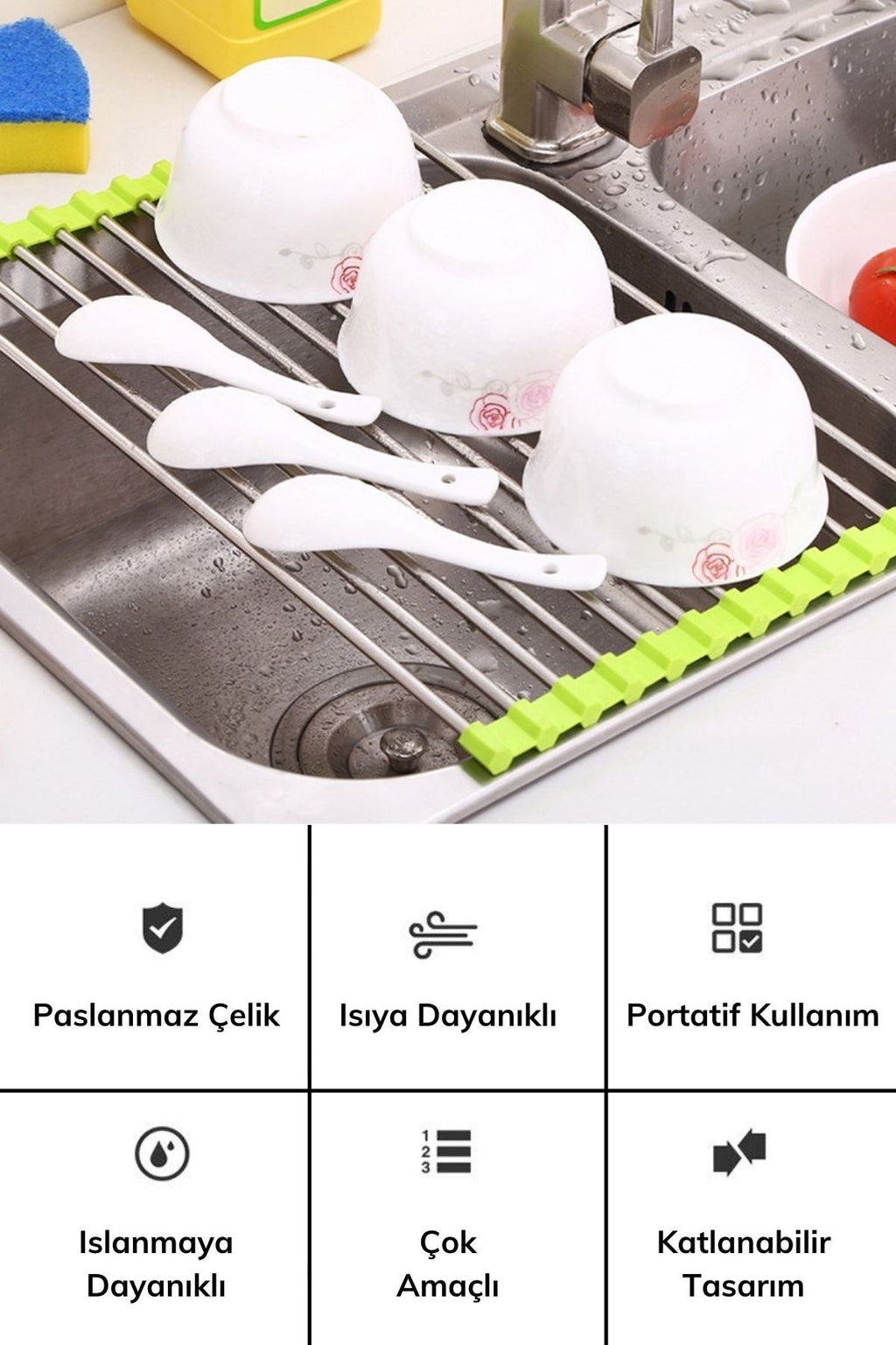 miorashop® Evye Üstü Katlanır Nihale Paslanmaz Çelik Pratik Sebze Meyve Bulaşık Kurutma Süzgeci