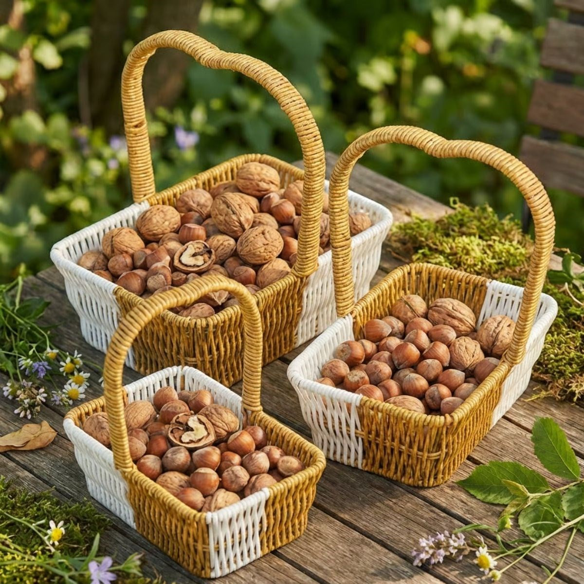 miorashop® İç İçe Geçebilen 3’lü Çift Renkli Dikdörtgen Formlu Kalp Saplı Plastik Rattan Sepet Seti – Hasır Görünümlü Çok Amaçlı Organizerler