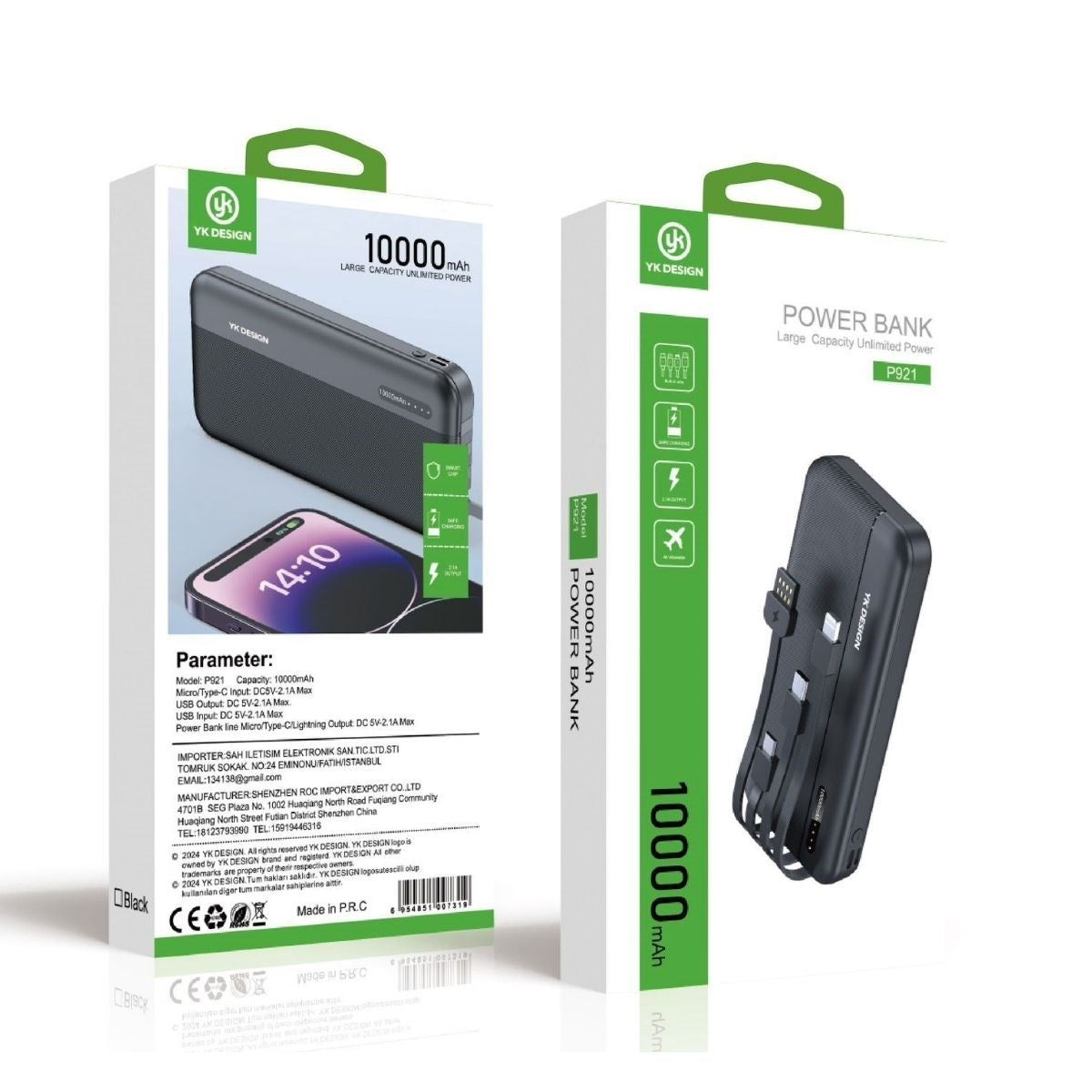 miorashop® 10000 mAh Micro Type-C USB Lightning 4 Kablolu Hızlı Kablosuz Şarj Powerbank