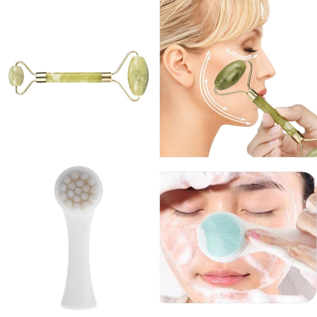 miorashop® 2li Set Çift Taraflı Cilt Temizleme Fırçası ve Yeşim Taşı Çift Taraflı Cilt Masaj Aleti