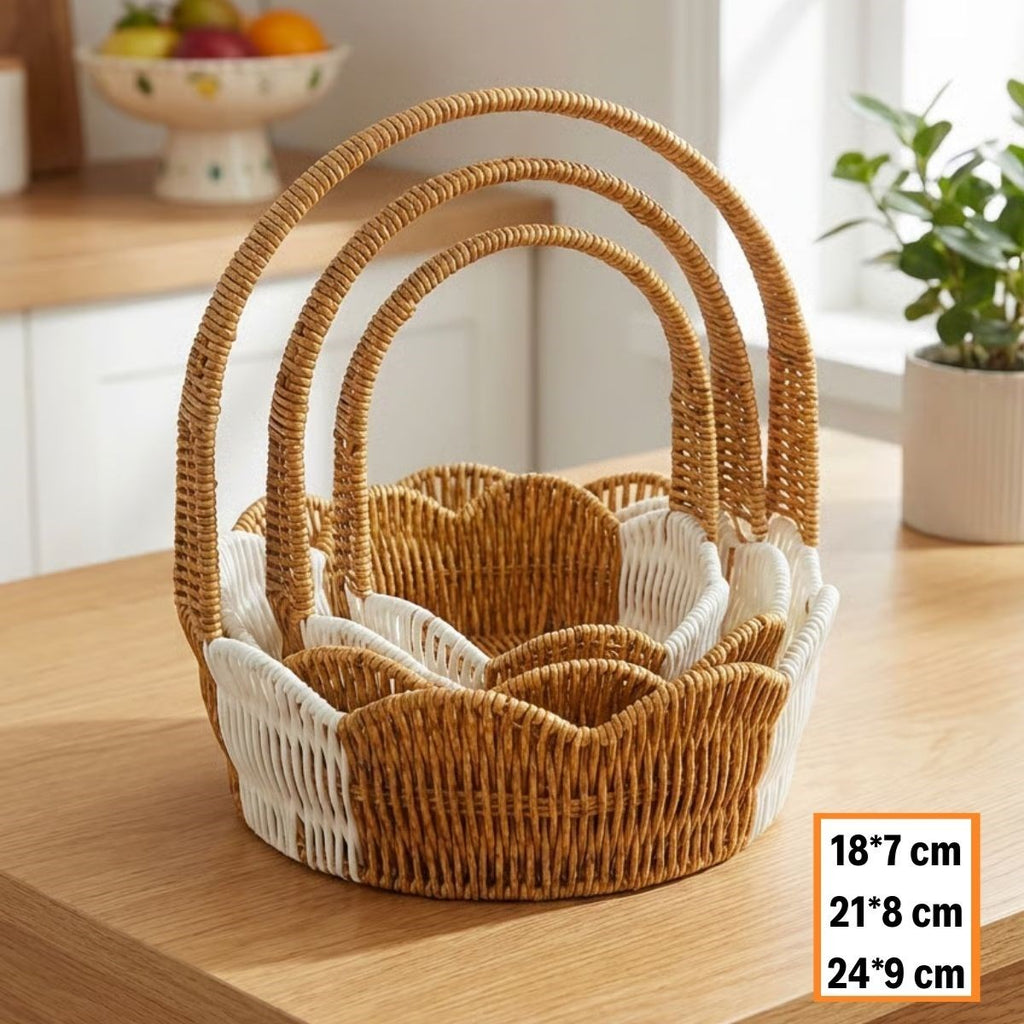 miorashop® İç İçe Geçebilen 3’lü Çift Renkli Yuvarlak Dalgalı Formlu Saplı Plastik Rattan Sepet Seti – Hasır Görünümlü Çok Amaçlı Organizerler