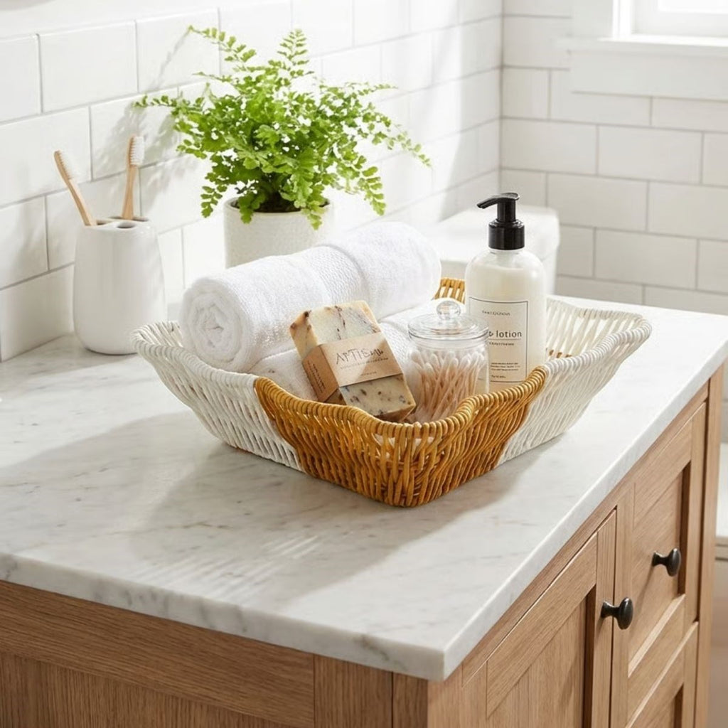 miorashop® Kare Dalgalı Çift Renkli Plastik Rattan Ekmek ve Meyve Sepeti - Çok Amaçlı Banyo ve Mutfak Düzenleyici - Yıkanabilir Tezgâh Üstü Organizer
