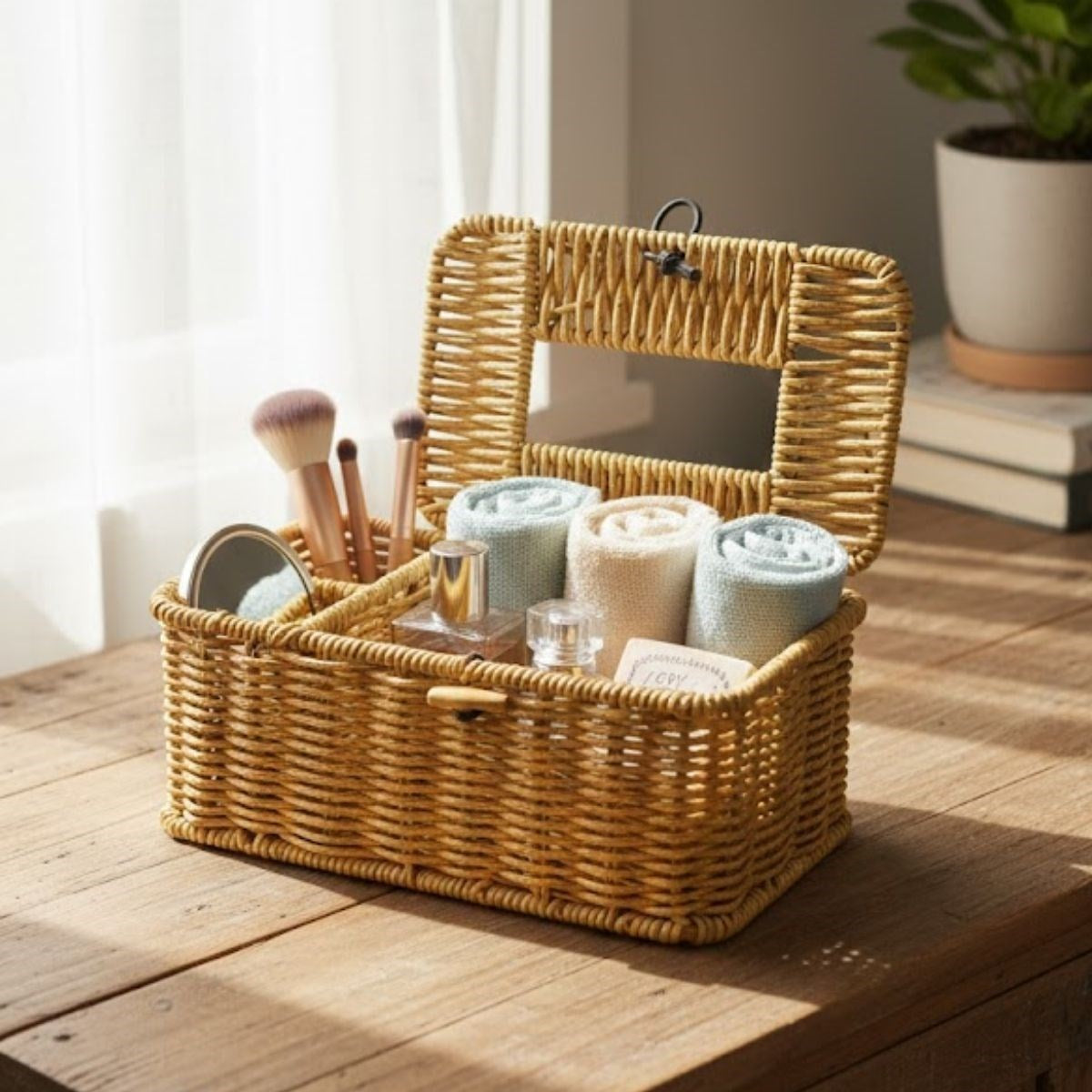 miorashop® Bölmeli Kapaklı Doğal Rattan Görünümlü Hasır Makyaj, Takı ve Havlu Düzenleyici – Peçetelikli Çok Amaçlı Masaüstü Organizer Sepet