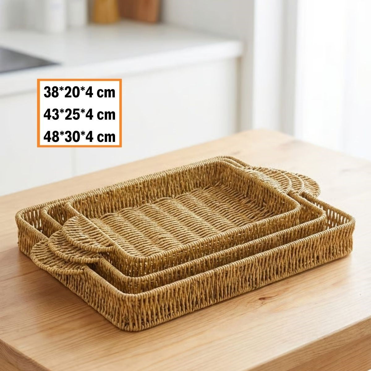 miorashop® İç İçe Geçebilen 3’lü Dikdörtgen Plastik Rattan Tepsi Seti–Hasır Görünümlü Çok Amaçlı Servis ve Sunum Tepsileri