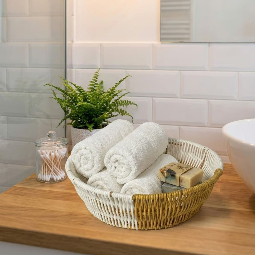 miorashop® Yuvarlak Çift Renkli Plastik Rattan Ekmek ve Meyve Sepeti - Çok Amaçlı Banyo ve Mutfak Düzenleyici - Yıkanabilir Tezgâh Üstü Organizer