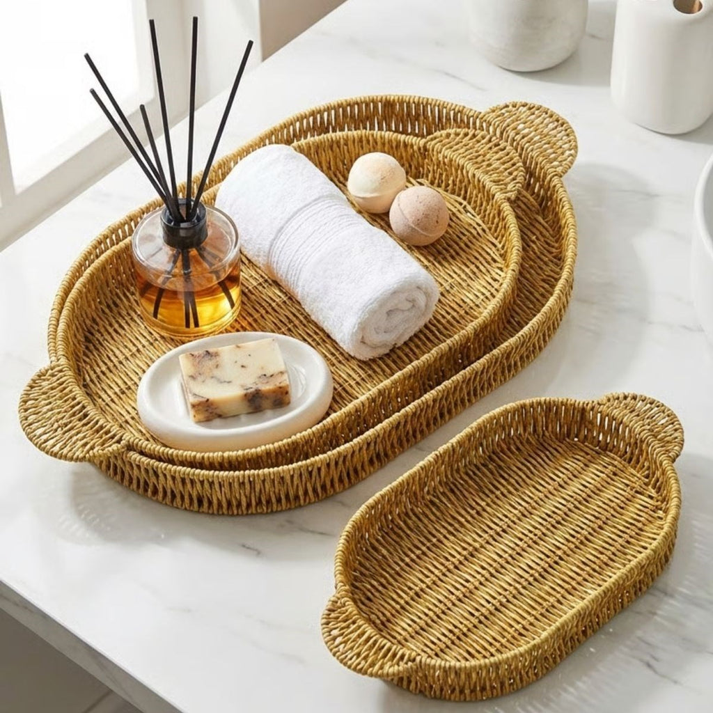 miorashop® İç İçe Geçebilen 3’lü Oval Plastik Rattan Tepsi Seti–Hasır Görünümlü Çok Amaçlı Servis ve Sunum Tepsileri