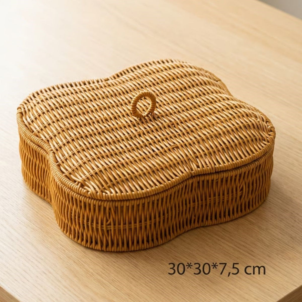 miorashop® Kapaklı 5 Bölmeli Plastik Rattan Organizer Kutu – Hasır Desenli Çok Amaçlı Saklama ve Sunum Sepeti Çerezlik