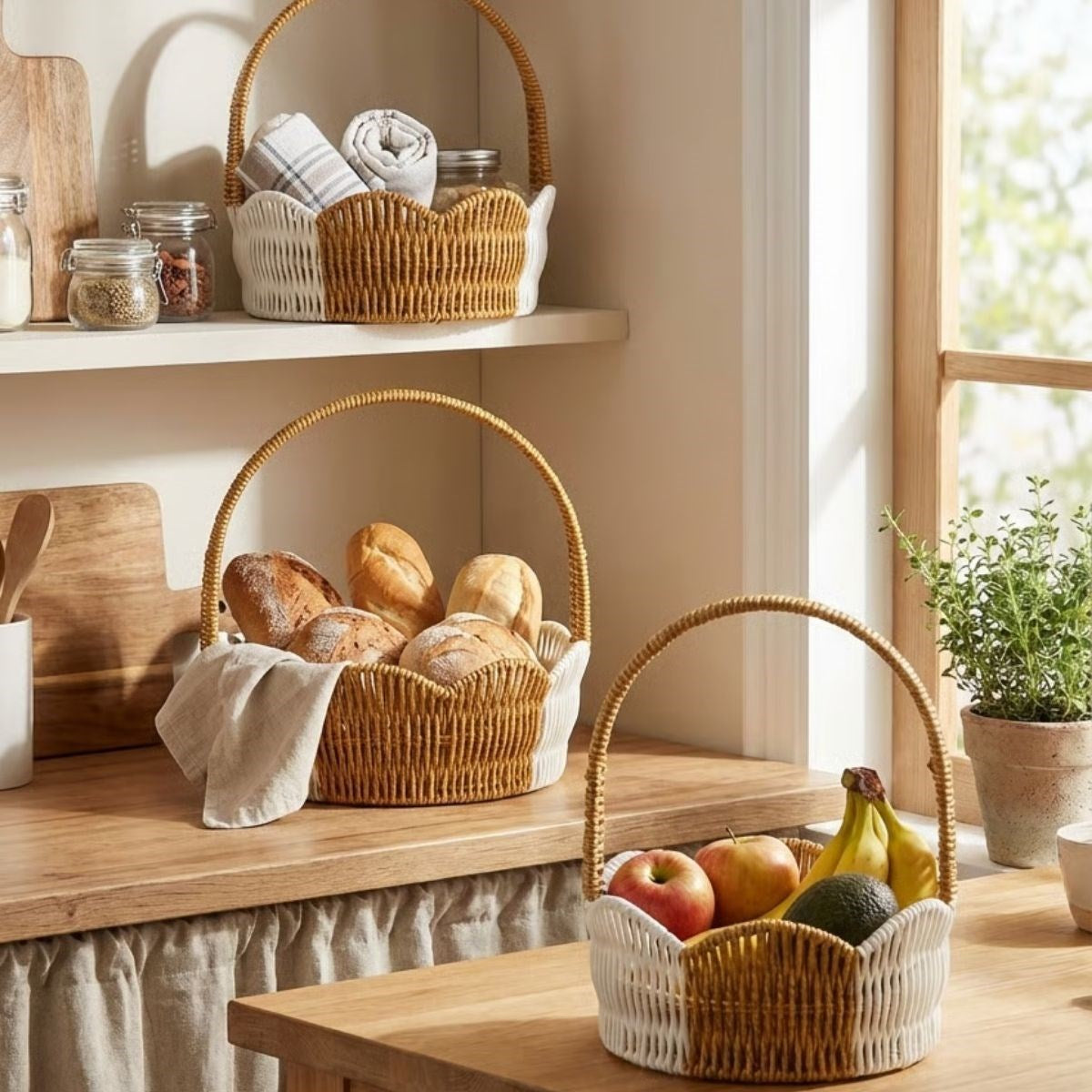 miorashop® İç İçe Geçebilen 3’lü Çift Renkli Yuvarlak Dalgalı Formlu Saplı Plastik Rattan Sepet Seti – Hasır Görünümlü Çok Amaçlı Organizerler