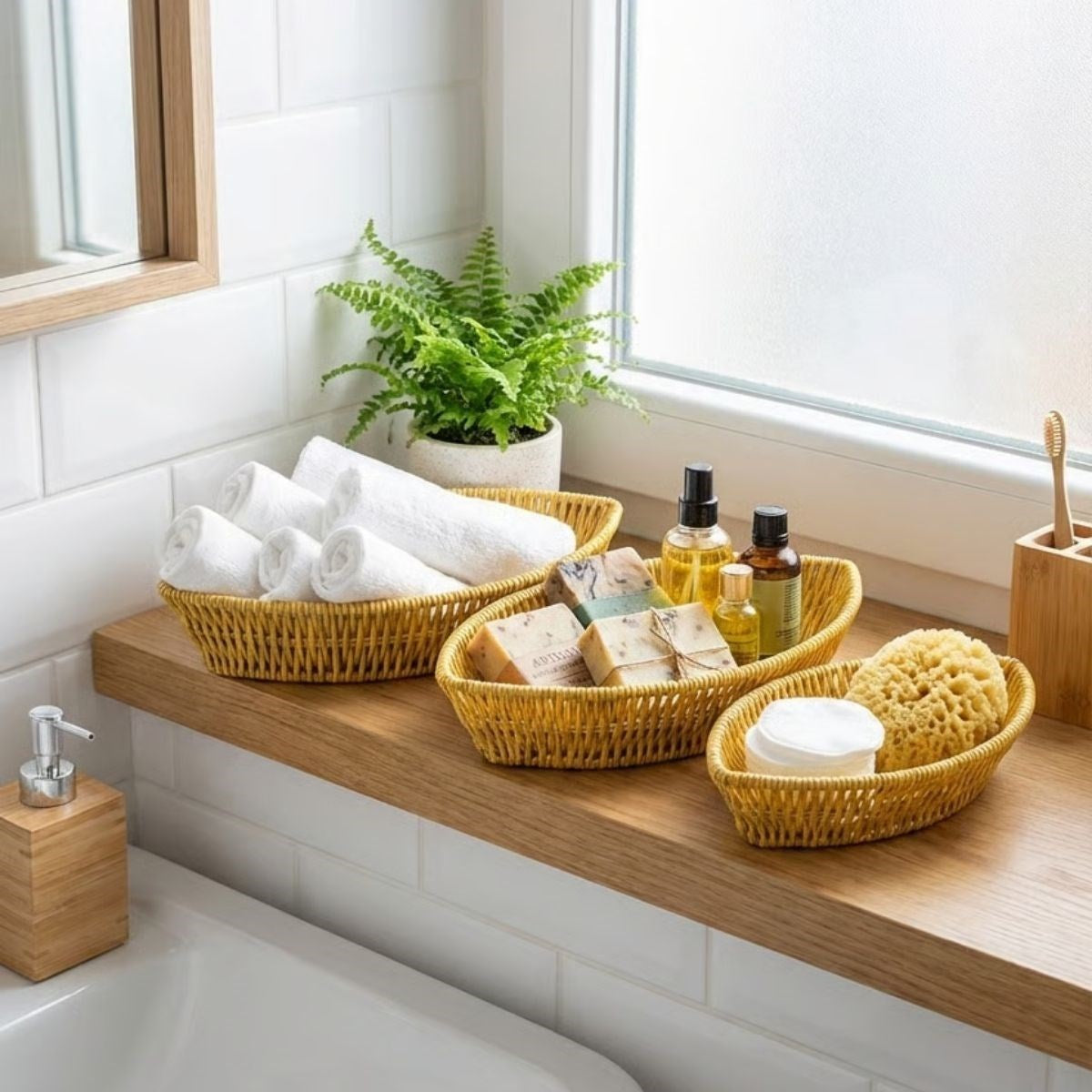miorashop® 3’lü Kayık Formlu Plastik Rattan Sepet Seti–Hasır Görünümlü Ekmek, Meyve ve Sunum Sepetleri, Çok Amaçlı Masaüstü Organizer
