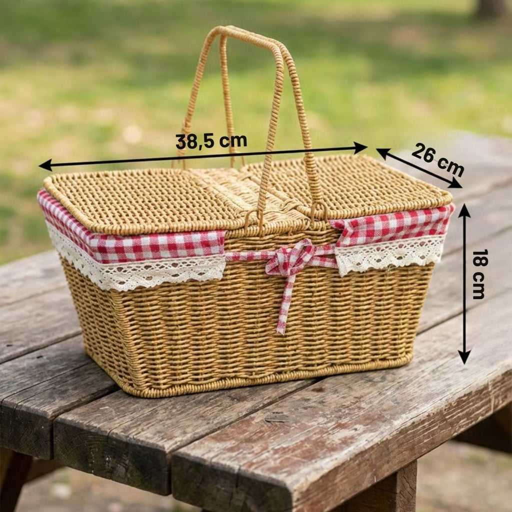 miorashop® 2 Kapaklı Dikdörtgen Plastik Rattan Piknik Sepeti – Doğal Hasır Görünümlü Çok Amaçlı Piknik, Plaj ve Bahçe Sepeti