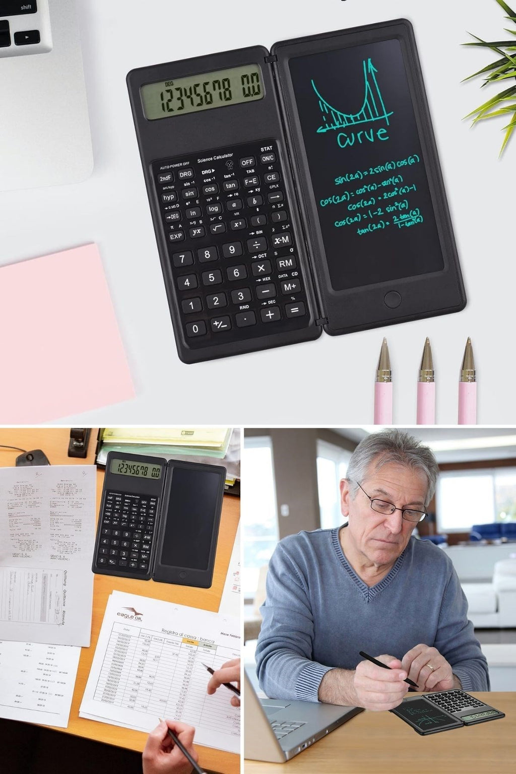 miorashop® Silinebilir LCD Yazı Tabletli,Kalemli Katlanabilir Bilimsel Hesap Makinesi