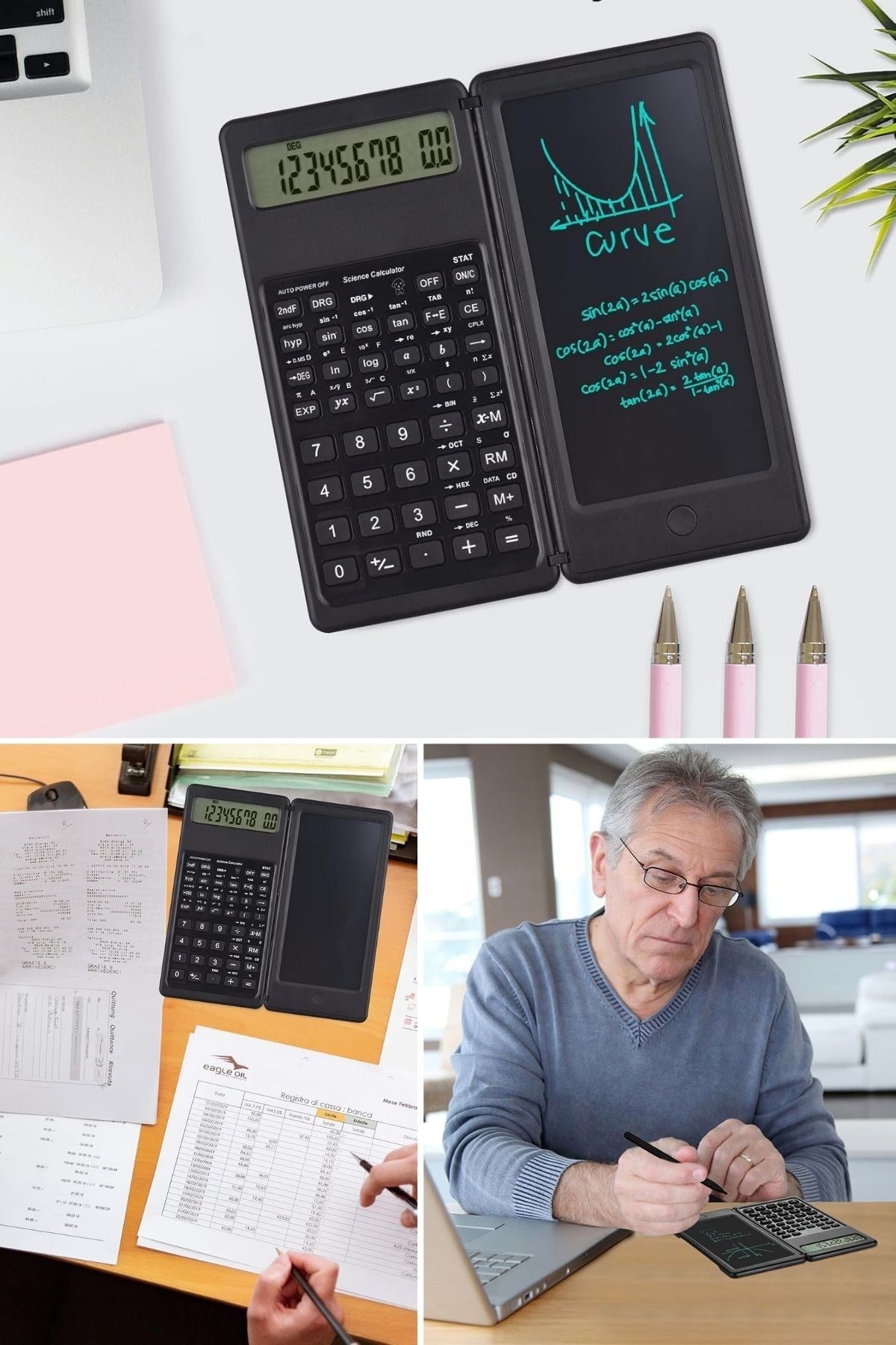 miorashop® Silinebilir LCD Yazı Tabletli,Kalemli Katlanabilir Bilimsel Hesap Makinesi