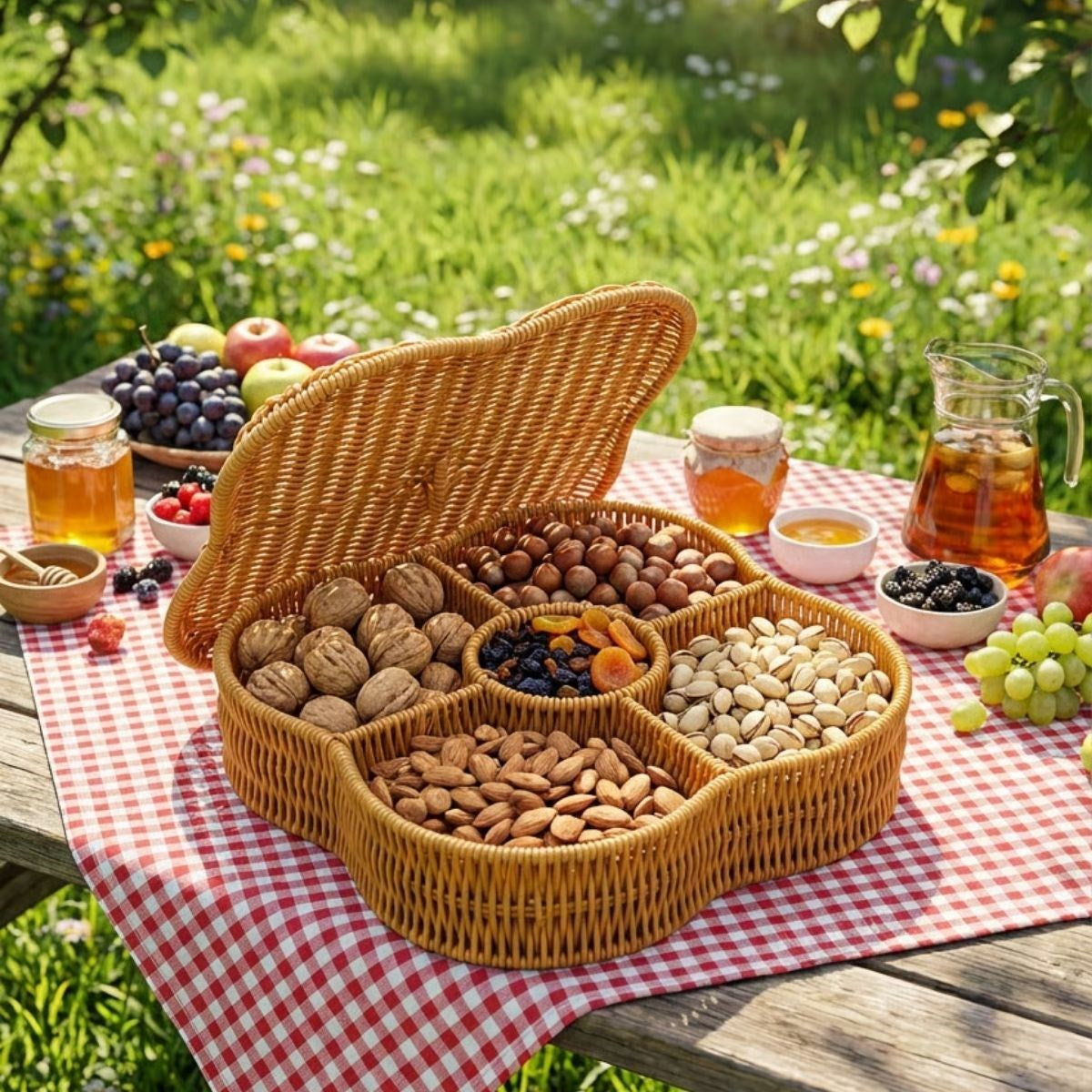 miorashop® Kapaklı 5 Bölmeli Plastik Rattan Organizer Kutu – Hasır Desenli Çok Amaçlı Saklama ve Sunum Sepeti Çerezlik