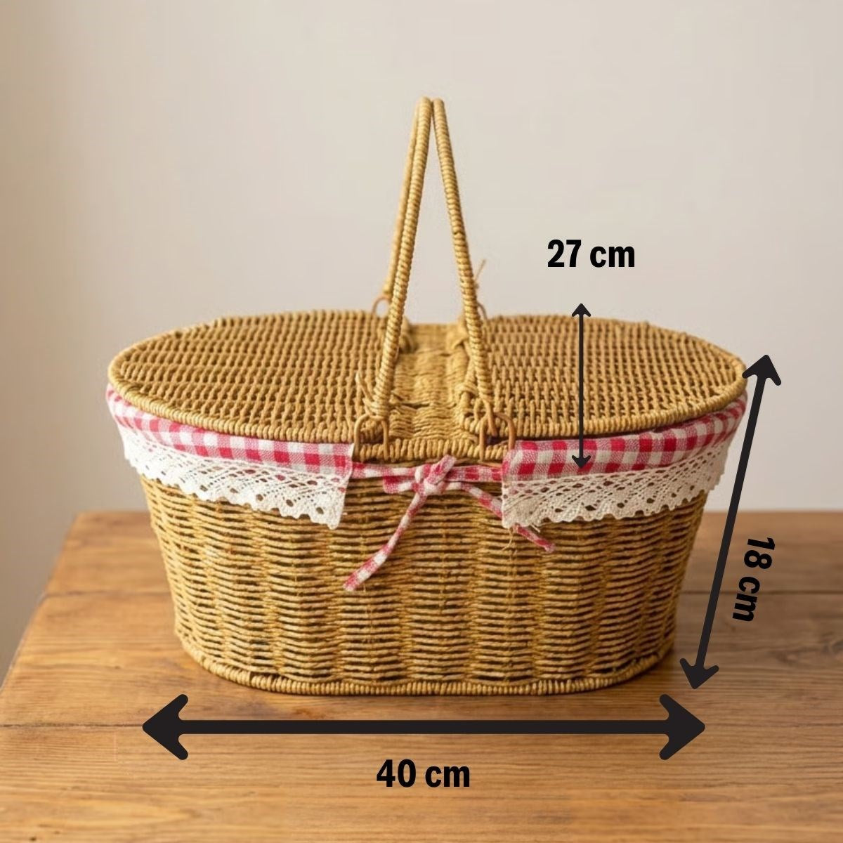 miorashop® 2 Kapaklı Oval Plastik Rattan Piknik Sepeti – Doğal Hasır Görünümlü Çok Amaçlı Piknik, Plaj ve Bahçe Sepeti