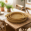 miorashop® İç İçe Geçebilen 3’lü Yuvarlak Plastik Rattan Tepsi Seti–Hasır Görünümlü Çok Amaçlı Servis ve Sunum Tepsileri