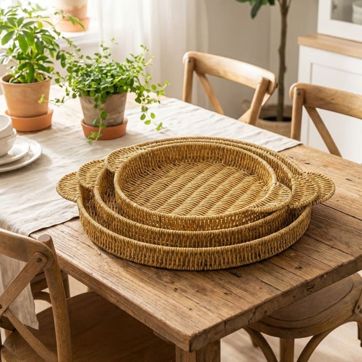miorashop® İç İçe Geçebilen 3’lü Yuvarlak Plastik Rattan Tepsi Seti–Hasır Görünümlü Çok Amaçlı Servis ve Sunum Tepsileri