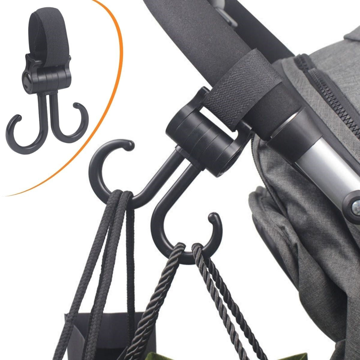 miorashop® 2li Bebek Arabasına Uyumlu Cırtlı  Eşya Taşıma Aparatı 360 Derece Dönebilen Plastik Kanca