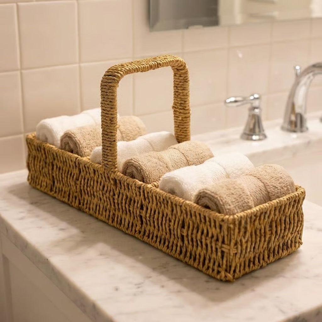 miorashop® 3 Bölmeli Plastik Rattan Düzenleyici–Saplı Masaüstü Organizer, Mutfak Kaşık Çatal Sepeti, Banyo & Ofis Çok Amaçlı Sunum Standı