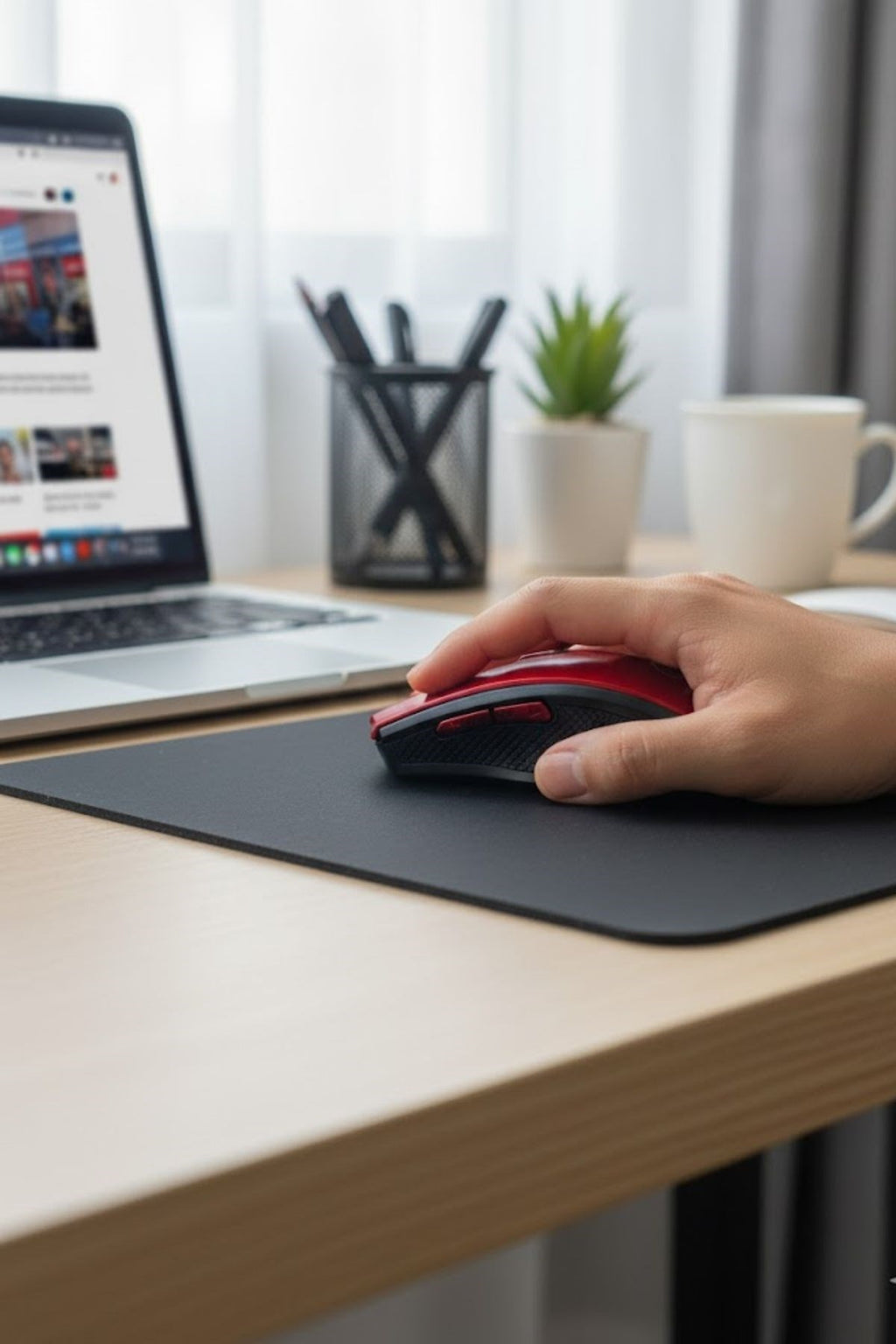 miorashop® Kırmızı Renkli Baş Parmak Destekli Ergonomik Sessiz Kablosuz Mouse – USB Alıcılı, Ofis ve Oyun İçin Konforlu Bilgisayar Faresi MS6300