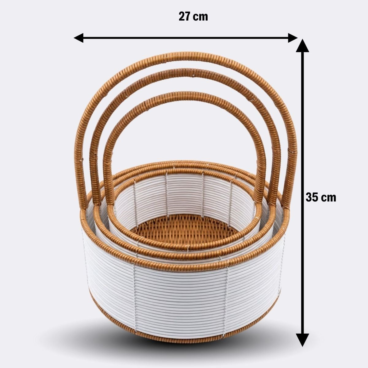 miorashop® 3 Boy İç İçe Geçebilen Plastik Rattan Sepetler–Beyaz Renkli,Kahverengi Saplı, Çok Amaçlı Düzenleyici ve Sunum Sepeti Seti